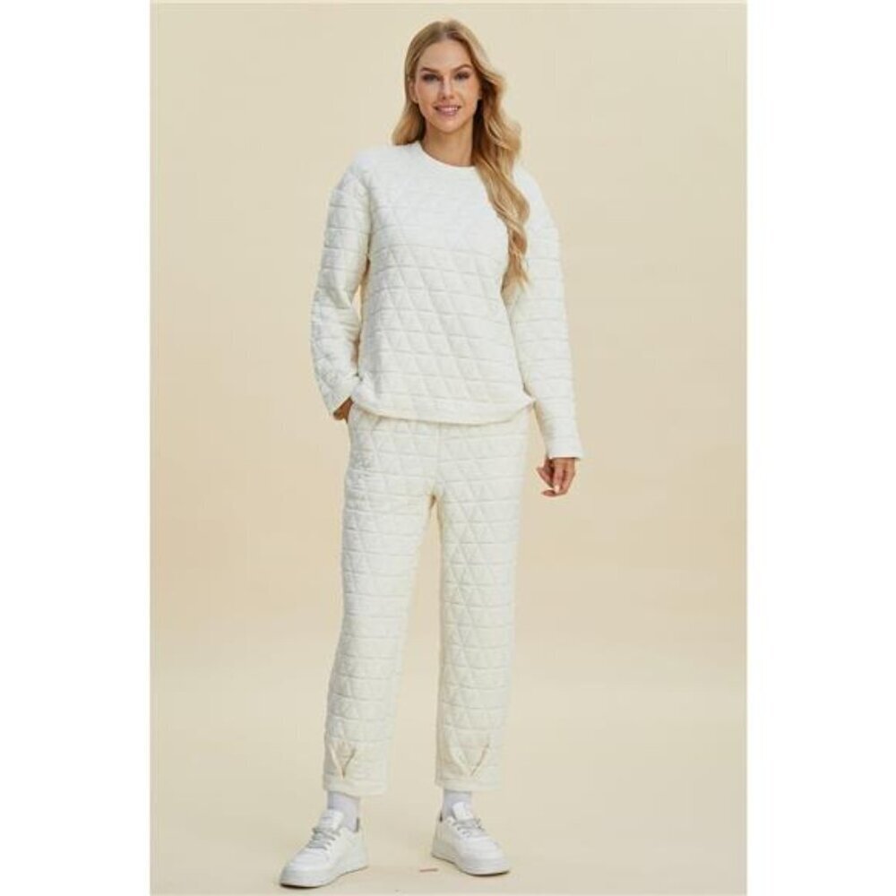 Double Take Full Size Texture Round Neck Long Sleeve Top and Pants Set
